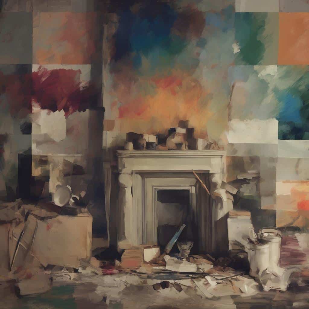 Ζωγραφική αλλαγής στην καλλιτεχνική έκφραση, εσωτερικό χώρο με τυπικό τζάκι και καμβάδες σε νεαρή και σύγχρονη τέχνη.