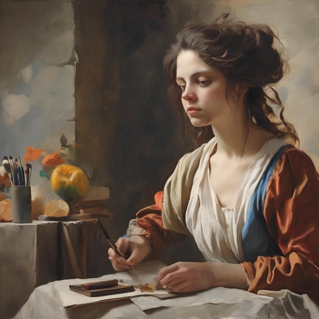 Γυναίκα ζωγραφισμένη σε κλαστικό στυλ, με εργασία ζωγραφικής και καλλιτεχνικές αλλαγές στην έκφραση.