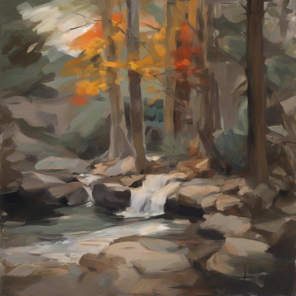 Αλλαγές στην καλλιτεχνική έκφραση, φυσικό τοπίο με ποτάμι και δέντρα, τέχνη και δημιουργικότητα στη φύση.