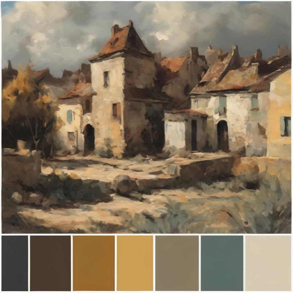 Ρετρό τοπίο με παραδοσιακά σπίτια και φθαρμένα σοκάκια, εκφραστικό τέχνης, αλλαγές στην καλλιτεχνική έκφραση, αρτιστική παρέμβαση, τοπική αρχιτεκτονική.