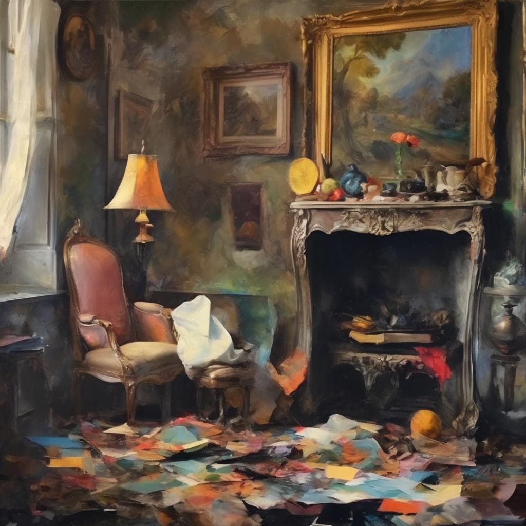 Ζωγραφική εσωτερικού χώρου με κλασικό τζάκι και έργα τέχνης, αποπνέει την αλλαγή στην καλλιτεχνική έκφραση.