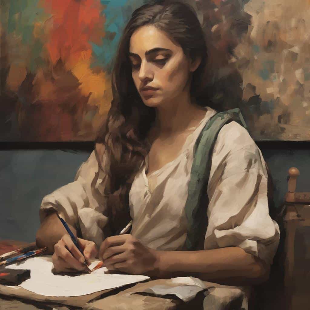 Ζευγαρωμένο πορτρέτο νέας γυναίκας, ζωγραφισμένο σε όμορφο ψηφιακό στυλ, που δείχνει την έμπνευση και την καλλιτεχνική έκφραση.